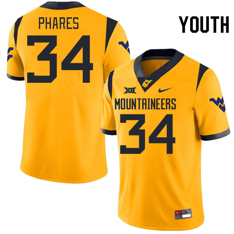 Youth #34 Andrew Phares West Virginia Mountaineers College 2024 New Uniforms Football Jerseys Stitch